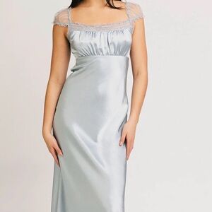 NWT Elegant Lacy Whimsical Silver Blue Satin Silk Maxi Dress/Gown